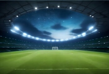 A soccer stadium with a large green field and a night sky with bright stadium lights illuminating the scene