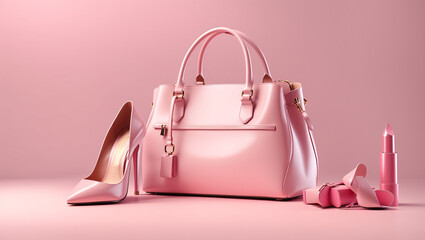 A pink purse, a pink shoe, and some pink makeup.

 - obrazy, fototapety, plakaty