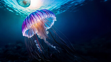 Vibrant jellyfish glows underwater, its tentacles flowing gracefully. Sunlight pierces the water, illuminating the scene
