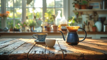 A cozy morning coffee scene with a cup, creamer, and pour-over on a rustic wooden table by a sunny window. Created with Generative AI. - obrazy, fototapety, plakaty