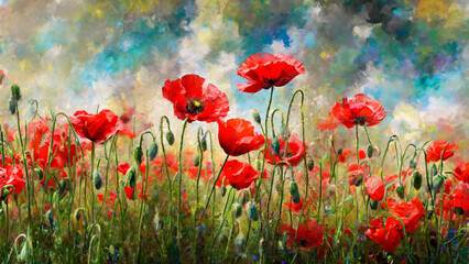Colorful impressionist painting of a field of red poppies under a dynamic sky