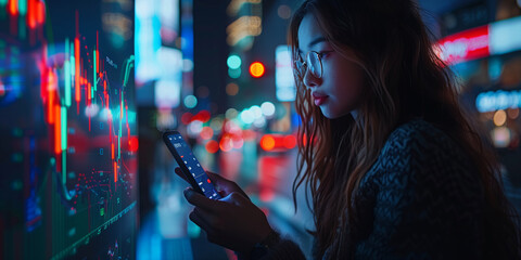 A woman is standing in a city at night, looking at her cell phone screen