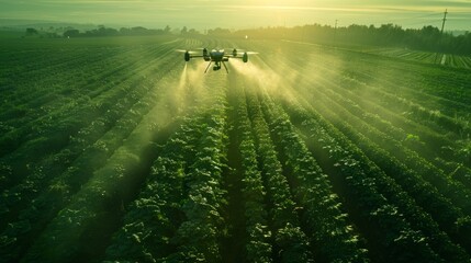 Drone flying over green farm fields at sunrise with sun rays piercing through the mist. Created with Generative AI. - obrazy, fototapety, plakaty