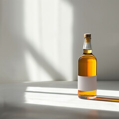 A bottle of amber liquid on a bright surface with shadows.