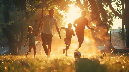 A father playing football with his sons outdoors during sunset