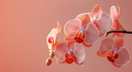 A branch featuring pink flowers set against a soft pink backdrop