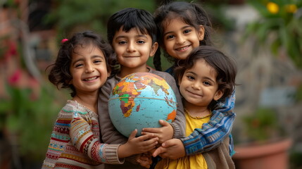 Portrait of young multicultural children hugging a globe outdoors