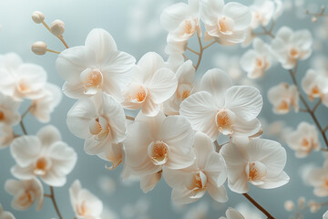 A group of white flowers orchid blooming on a branch
