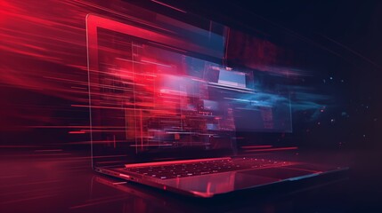 Striking image of a laptop with a dynamic cyber data burst effect in neon red and blue tones.