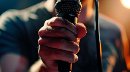 Close-up of a hand gripping a microphone on stage, with a blurred background hinting at a live...