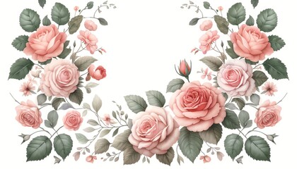 Watercolor Illustration of a Rose Floral Border