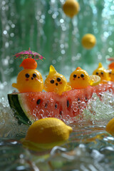 Watermelon boat carrying yellow rubber ducks