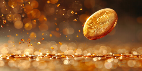 A dynamic scene of a gold coin being flipped and descending into the water banner  - obrazy, fototapety, plakaty