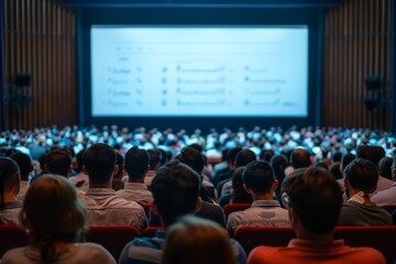 Conference attendees viewing presentation on large screen, business and education event.