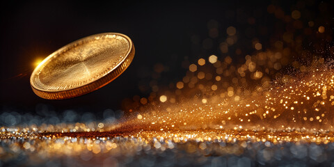 A dynamic image of an empty gold coin being flipped through the air banner  - obrazy, fototapety, plakaty