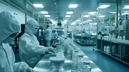 Inside a pharmaceutical plant, technicians oversee the production line of vital medicines, encapsulating innovation and care.