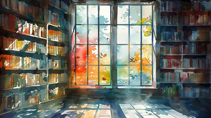 Cozy library corner with colorful autumn view through large window