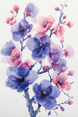 Fototapeta na wymiar Delicate orchid branch painted in watercolor with purple and pink flowers on a white background