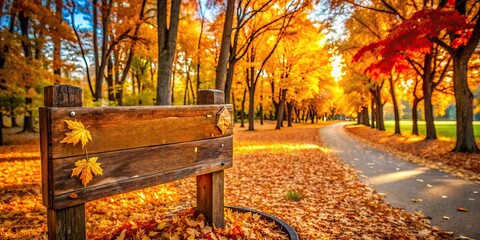 Against the backdrop of golden leaves, a wooden signboard in the park provides a blank canvas for text, surrounded by the vibrant colors of the fall season.