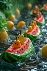 A line of watermelon boats with assorted fruit filling