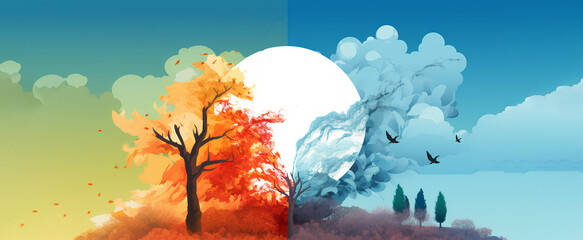 Colorful illustration of a tree on a hill and the moon behind. Red and blue. Changing season of nature. Save the planet.