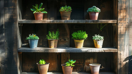 Old wooden shelves painted black with pots of green plants. Gardening concept for storage. Generative AI