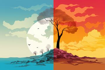 Colorful illustration of a tree on a hill and the moon behind. Red and blue. Changing season of nature. Save the planet.