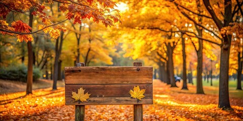 Against the backdrop of golden leaves, a wooden signboard in the park provides a blank canvas for text, surrounded by the vibrant colors of the fall season.