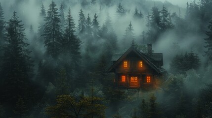 Cozy cabin with glowing windows nestled in a misty forest at twilight. Created with Generative AI.
