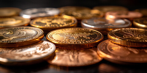 A cluster of assorted gold and silver coins piled together banner - obrazy, fototapety, plakaty