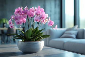 A white vase filled with pink flowers sitting on a table in a modern interior
