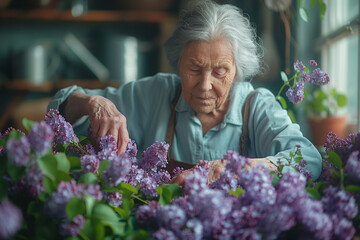 An old woman gazes at a colorful display of flowers, possibly admiring or selecting from them