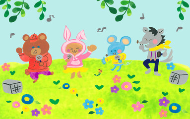 ラップバトルをしている動物たちのイラスト