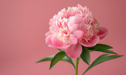 A pink flower with green leaves against a pink background