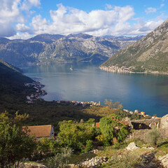 Beautiful autumn Mediterranean landscape on sunny November day. Montenegro. View of Kotor Bay from ancient village of Gornji Stoliv