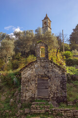 Ancient churches. Montenegro, Kotor municipality. View of Gornji Stoliv village. Church of Sv. Ilija (St. Elijah) and Church of St. Anne