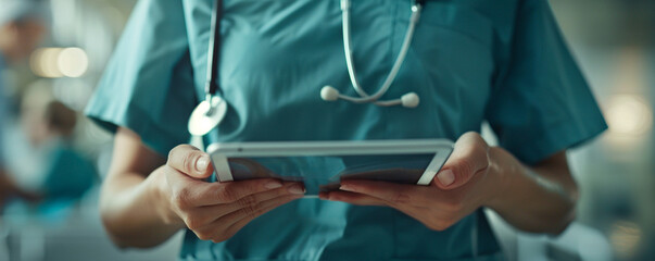 A doctor wearing scrubs reviews patient information on a digital tablet.