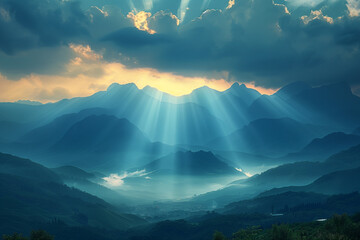 A spectacular view of sun rays piercing through clouds over a mountain range - Powered by Adobe
