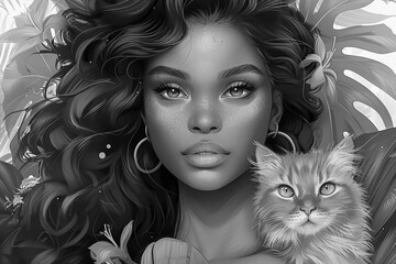 Monochrome portrait of African American woman embracing her cat