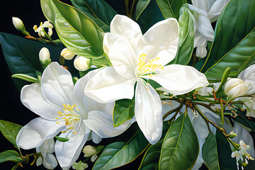 White jasmine flower painting with green leaves Flowers are displayed in simple and elegant compositions.
