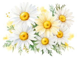 Fototapeta premium Watercolor painting of a simple and blooming daisy bouquet The white petals contrast beautifully with the yellow centers and green stems.