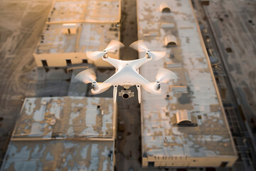 Drone with digital camera flying over the city, aerial view. Generative AI