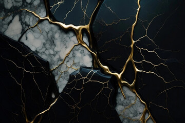 Abstract black and white marble texture with liquid fluid golden veins, luxury marble background
