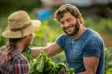 Fototapeta premium Sustainability, agriculture, and responsibility grow mindset paired with farm, rural, or nature. Happy couple or eco-friendly gardeners