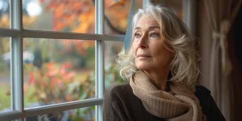 Sad, thinking and a senior woman at a window in a home for the morning view, idea or calm. Depressed, introspective, and aged with optimism in a house during retirement and vision for old age.