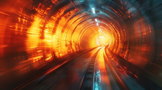 Traveling through a hyperloop tunnel at supersonic speeds, witnessing the blurring landscape outside