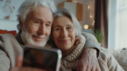 Retirement couple, home and smiling, uses smartphone for video calls, mobile streaming, and social media. Happy elderly couple, selfie, news app reading, and relaxation.
