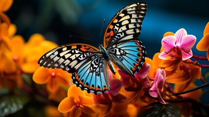 butterfly on flower. blue butterfly landing on a flower.