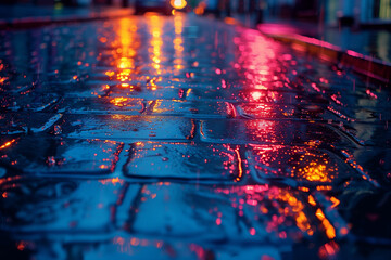 A wet sidewalk glistens under a street light in the background