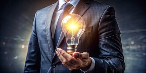 An entrepreneur holding a glowing light bulb, symbolizing innovation and business success.